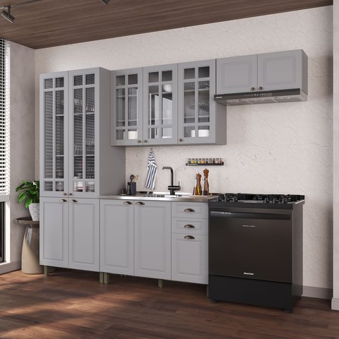 Cozinha Modulada 4 Peças Cristaleira Balcão sem Tampo 2 Aéreos 100% MDF com Vidro Bari Cinza/Titânio Fosco