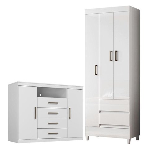 Guarda Roupa Solteiro 3 Portas com Pés e Cômoda Havana Master Branco Brilho - Santos Andirá