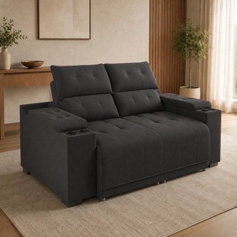 Sofá Retrátil e Reclinável 2 e 3 Lugares 200cm com USB e Porta-Copos Verona Veludo Titânio