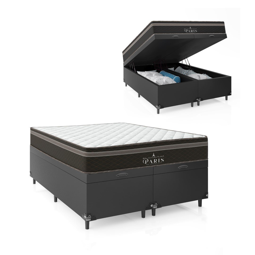 Cama Box Baú Casal Bipartido + Colchão Paris Molas Ensacadas Pocket - 66x138x188cm - Couro