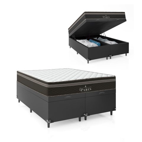 Cama Box Baú Casal Bipartido + Colchão Paris Molas Ensacadas Pocket - 66x138x188cm - Couro