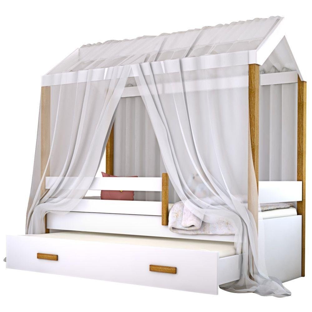 Cama Montessori Cabana Com Auxiliar Solteiro E Dossel Branco