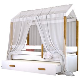 Cama Montessori Cabana Com Auxiliar Solteiro E Dossel Branco - 1