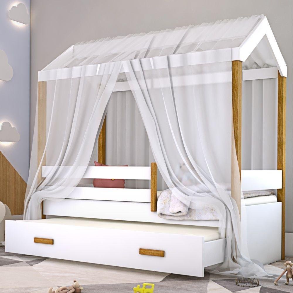 Cama Montessori Cabana Com Auxiliar Solteiro E Dossel Branco - 4