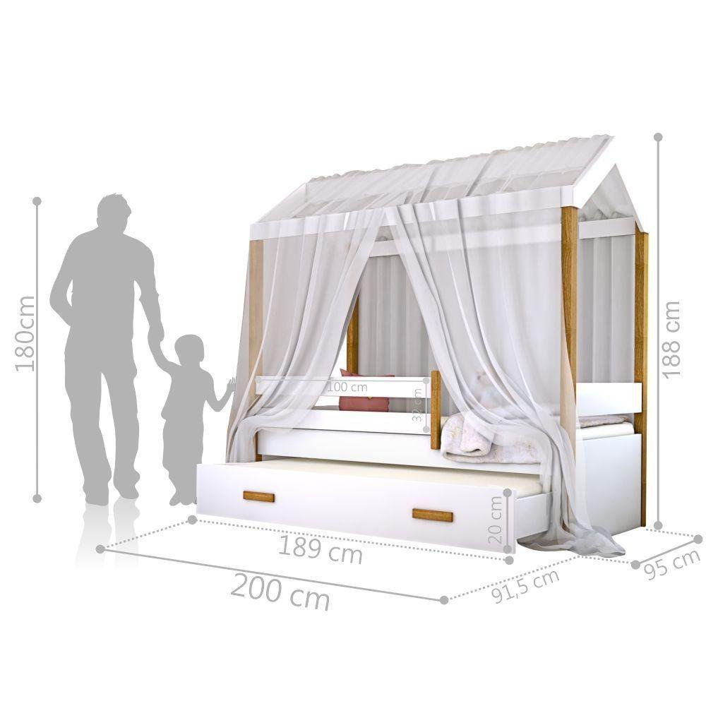 Cama Montessori Cabana Com Auxiliar Solteiro E Dossel Branco - 3