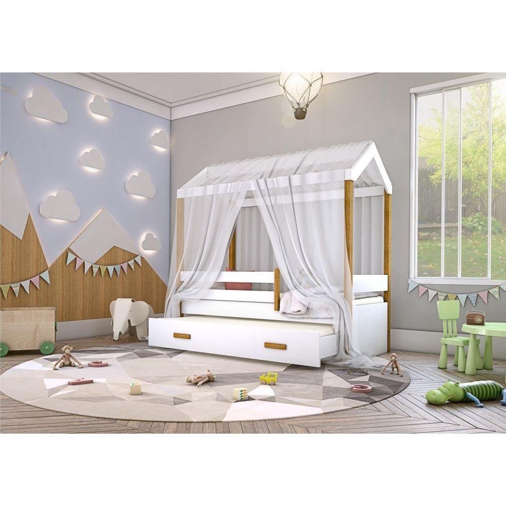 Cama Montessori Cabana Com Auxiliar Solteiro E Dossel Branco - 2