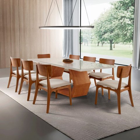 Sala de Jantar Mesa Ane 220cm Tampo Laqueado com Vidro Canto Moeda e 8 Cadeiras Viena Gold