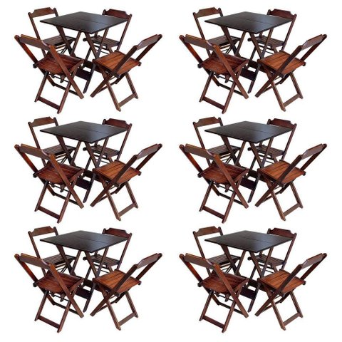 Kit 6 Jogos De Mesa Com 4 Cadeiras De Madeira Dobravel 70X70 - Imbuia - Marrom