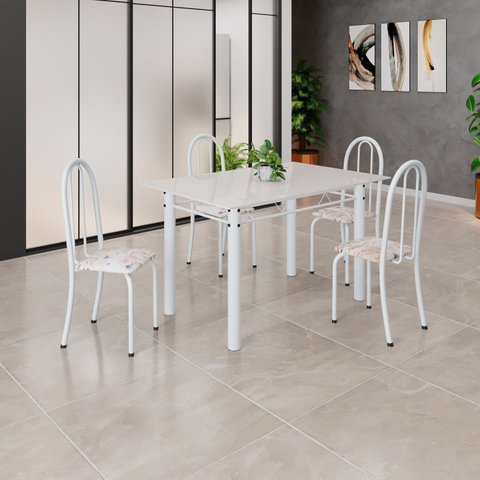 Conjunto de Mesa Tubular 120cm x 75cm Tampo em Vidro com 4 Cadeiras Iris B Branco/Bege