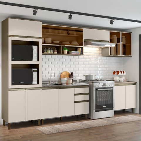 Cozinha Modulada 351,5cm Completa 6 Peças com 12 Portas 2 Gavetas Connect Henn - Duna/cristal