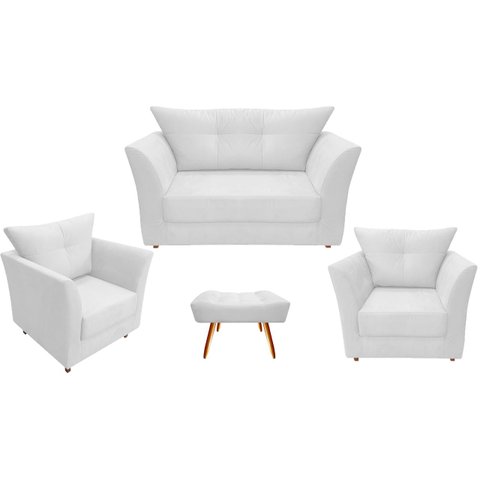 Kit Namoradeira + 2 Poltronas Decorativa Isis + 1 Puff Retangular Couro Branco Pés Madeira Ms Decor