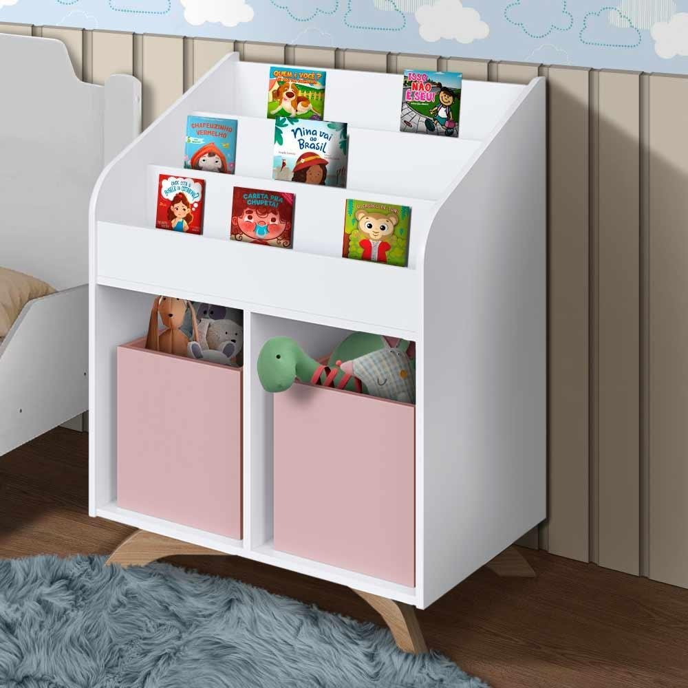 Estante para Livros Infantil Branco com 2 Cubos Rosa Beka Shop Jm - 1