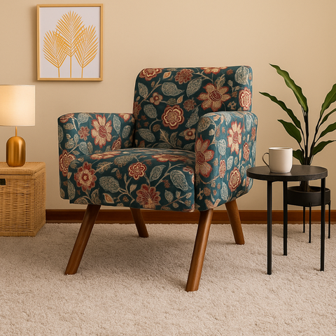 Poltrona Decorativa Florida/Estampada Pé Madeira Maciça Confortável