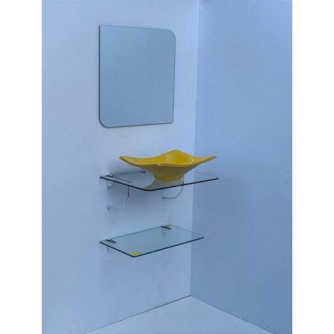 Kit Cuba Espelho e Prateleira de Vidro para Banheiro 53cm:amarelo