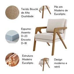 Kit Poltrona e Puff Decorativo Luxo Sala Escritório Dora:bouclé Bege - 6