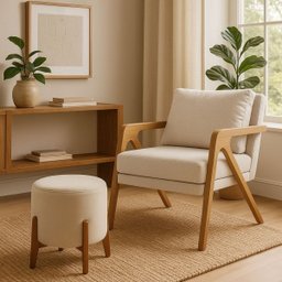 Kit Poltrona e Puff Decorativo Luxo Sala Escritório Dora:bouclé Bege - 1