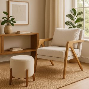 Kit Poltrona e Puff Decorativo Luxo Sala Escritório Dora:bouclé Bege
