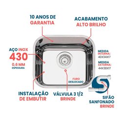 Cuba Pia Numero 0 Cozinha Inox Robust 0,6 40x34x17 + Sifão - 2