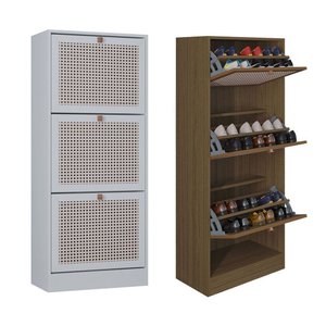 Kit 2 Sapateiras Multiuso Tropital com 3 Portas - 1 Branco e 1 Carvalho - Poquema