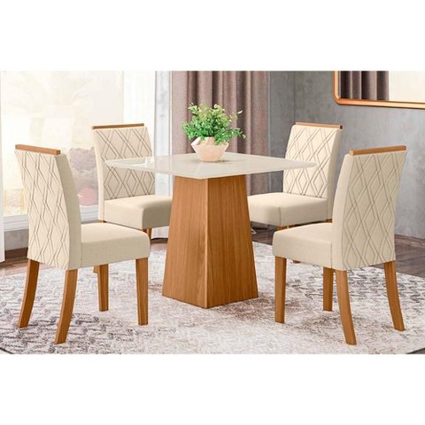 Conjunto: Mesa Sala Jantar Dora Tampo Madeirado 90x90cm e 4 Cadeiras Vita Nature/linho - Henn
