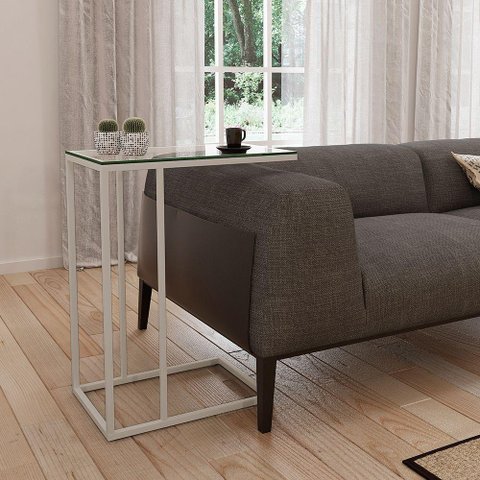 Mesa Lateral Industrial Elena de Vidro Base Ferro Off White - Cor: Branco
