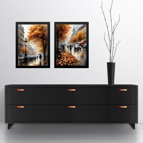 Kit 2 Quadros Artes Cidades Européias na Chuva 45x34cm:moldura Preta