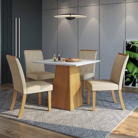 Conjunto Sala de Jantar 4 Cadeiras Rafaela Espresso Móveis Bege/Nature/Off White/Linho