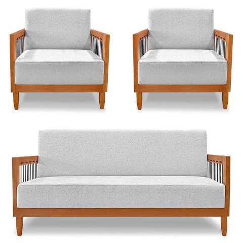 Kit 2 Poltronas e Sofá Living 2 Lugares Marilia 1,60m Linho Cinza Base em Madeira Castanho - Pallazi