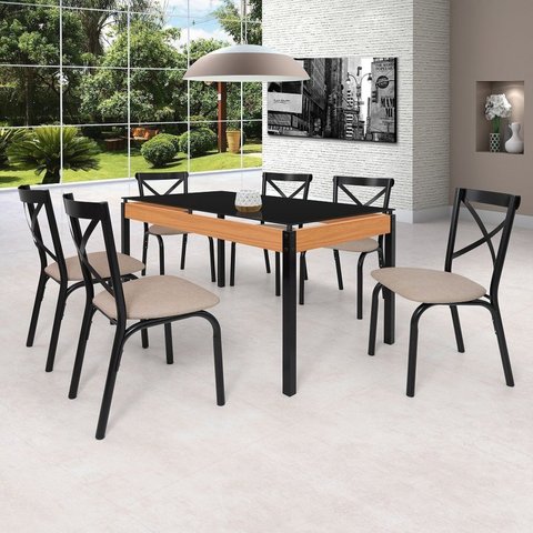 Conjunto Sala de Jantar Mesa 140cm x 77cm Tampo Vidro com 6 Cadeiras Karina Preto/Fosco/Bege