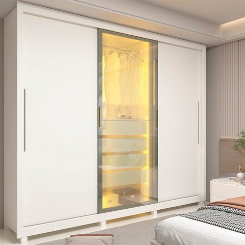 Guarda-Roupa Casal 3 Portas 1 Porta Reflecta com LED com Pés 100% MDF Royale Branco