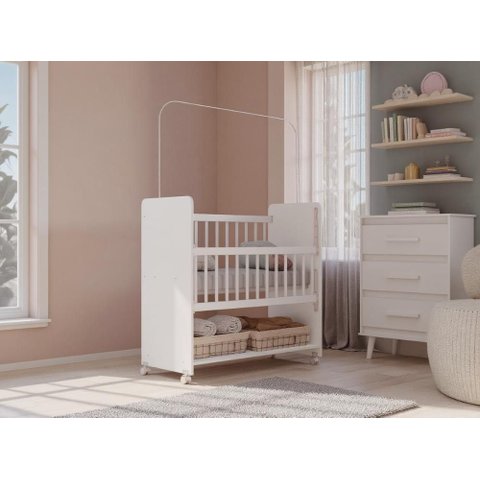 Berço com Colchão Infantil Grade Móvel Rodinhas Mosquiteiro Branco