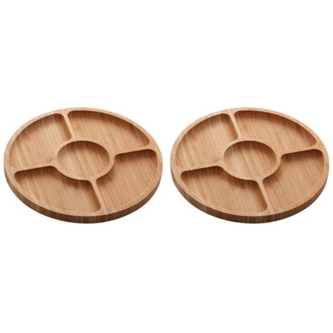 Kit 2 Petisqueiras de Bambu 5 Divisórias 25cm Lyor Round Aperitivos Tábua Redonda Servir Petiscos