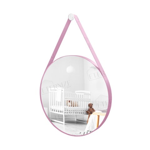 Espelho Decorativo Adnet Redondo 60cm com Alça Rosa Bebê Banheiro Sala Hall