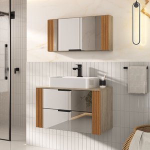 Conjunto Gabinete Banheiro Taos 80cm (armário + Cuba + Espelheira + Tampo Vidro)