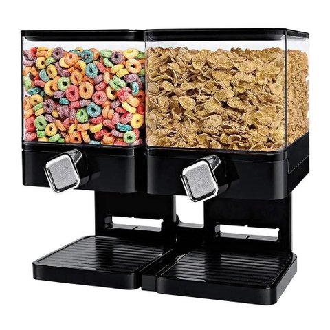 Dispenser Duplo de Cereais Porta Alimentos Sucrilhos Granola Gaos Mantimentos com 2 Potes Luxo Preto