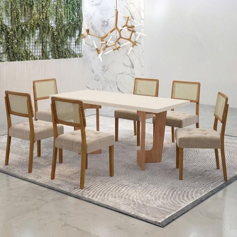 Mesa de Jantar Liz 180x90cm Vidro 40mm Cinamomo Off White com Kit 6 Cadeiras Veludo Bege - Valdemóve