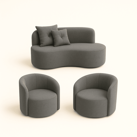 Conjunto Decorativo 02 Poltronas + Sofá Curvo Orgânico Nature Gaia Suede Cinza - Montanaris Decor