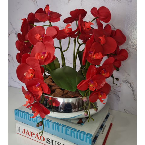 Arranjo Com 4 Orquídeas Vermelho Vaso Prata 28cm