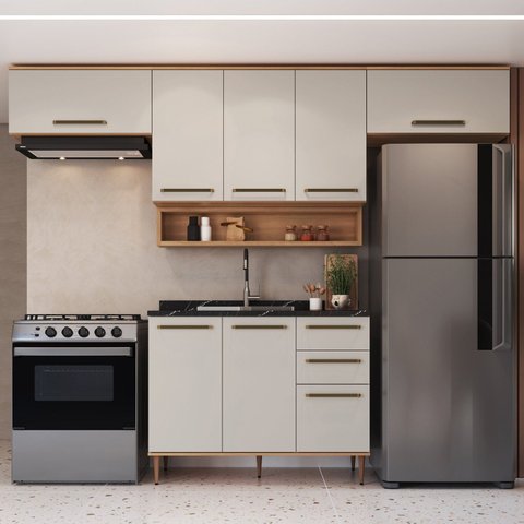 Cozinha Modulada 5 Peças 8 Portas 2 Gavetas com Nicho Decorativo Isabelle Bege/Freijó/Arenas