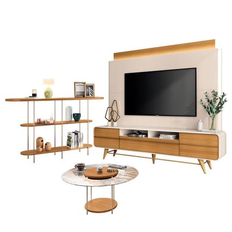 Estante Home Theater Nobre Off White Cinamomo e Aparador Infinity e Mesa de Centro Sky com Tampo de 