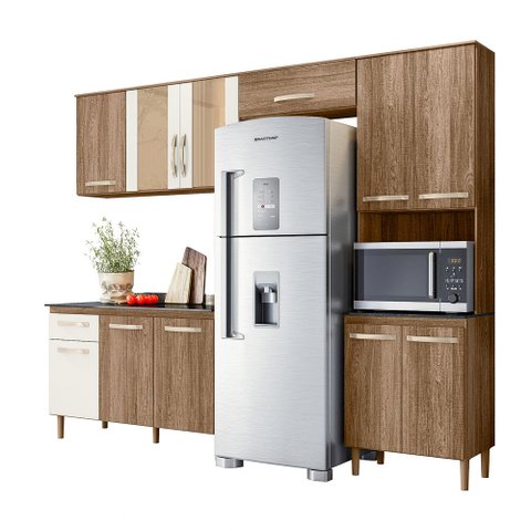 Cozinha Compacta Mila c/ Porta de Vidro + Balcão Mila com Tampo 120 cm Carvalho/Off White