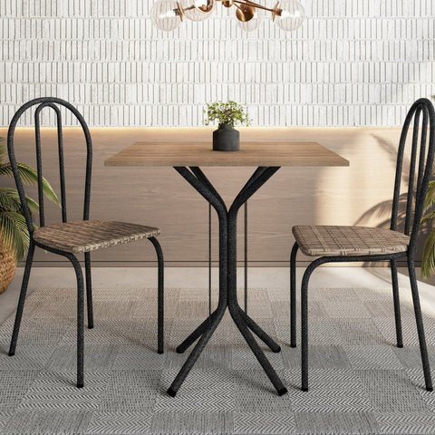 Conjunto Sala de Jantar para Cozinha Mesa Tampo BP Quadrada e 2 Cadeiras Juliete Yescasa Preto/Rustico/Chum