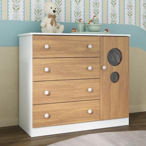 Cômoda Infantil 95cm 1 Porta com Vidro e 4 Gavetas Pirulito Multimóveis Mp4469 Branco/madeirado