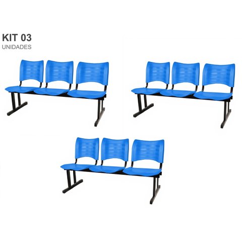 Kit com 3 Cadeiras Longarina Plástica 03 Lugares Cor Azul Mastcmol