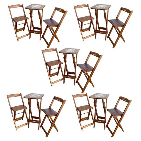 Kit 5 Conjuntos Bistrô Mesa com 2 Banquetas Dobráveis de Madeira Personalizada Hei - Imbuia Marrom