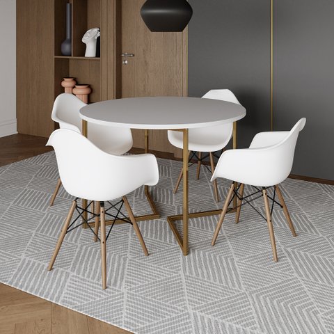 Mesa Jantar Industrial Redonda 110cm Branca Base V Dourada com 4 Poltronas Brancas Eames Eiffel Daw 