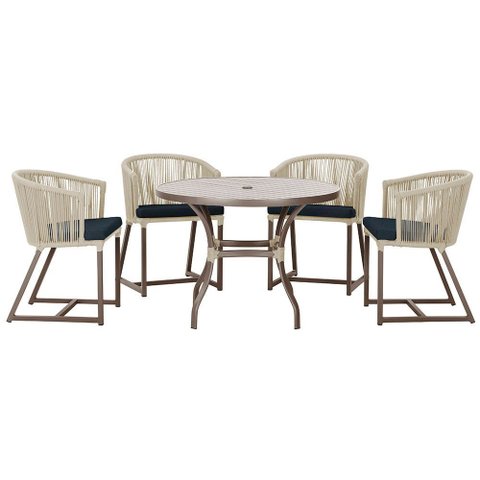Mesa com 4 Cadeiras de Jantar Roma 100cm e Noronha em Aluminío Marrom Corda Nautica Estofado 12 Tram