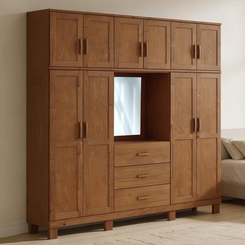 Guarda Roupa Casal com Espelho 10 Portas 3 Gavetas Madeira Maciça Lorie F06 Castanho - Lyam Decor