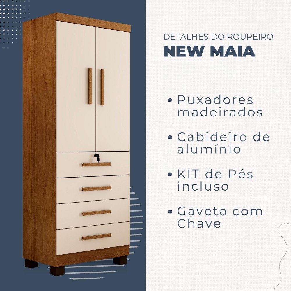 Guarda Roupa New Maia 2 Portas 4 Gavetas com Chave Benetil Móveis - 4