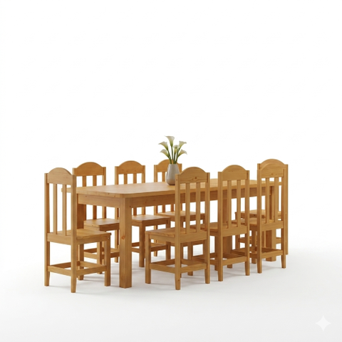 Conjunto Mesa de Jantar 2,20m Safira com 8 Cadeiras em Madeira Maciça Pinus Cor Cerejeira Tampo MDP